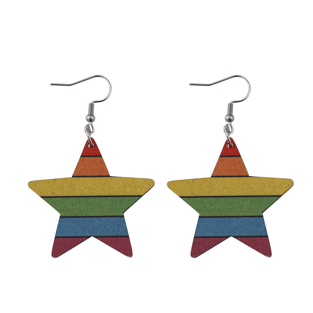 Mes de orgullo al por mayor Rainbow Gay Stars Love Flag Wood Pendientes de madera